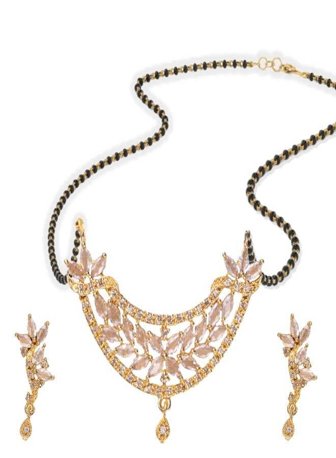 ZEELLO Traditional Gold-Plated American Diamond Black Beaded Mangalsutra for Women (White) - Image 1