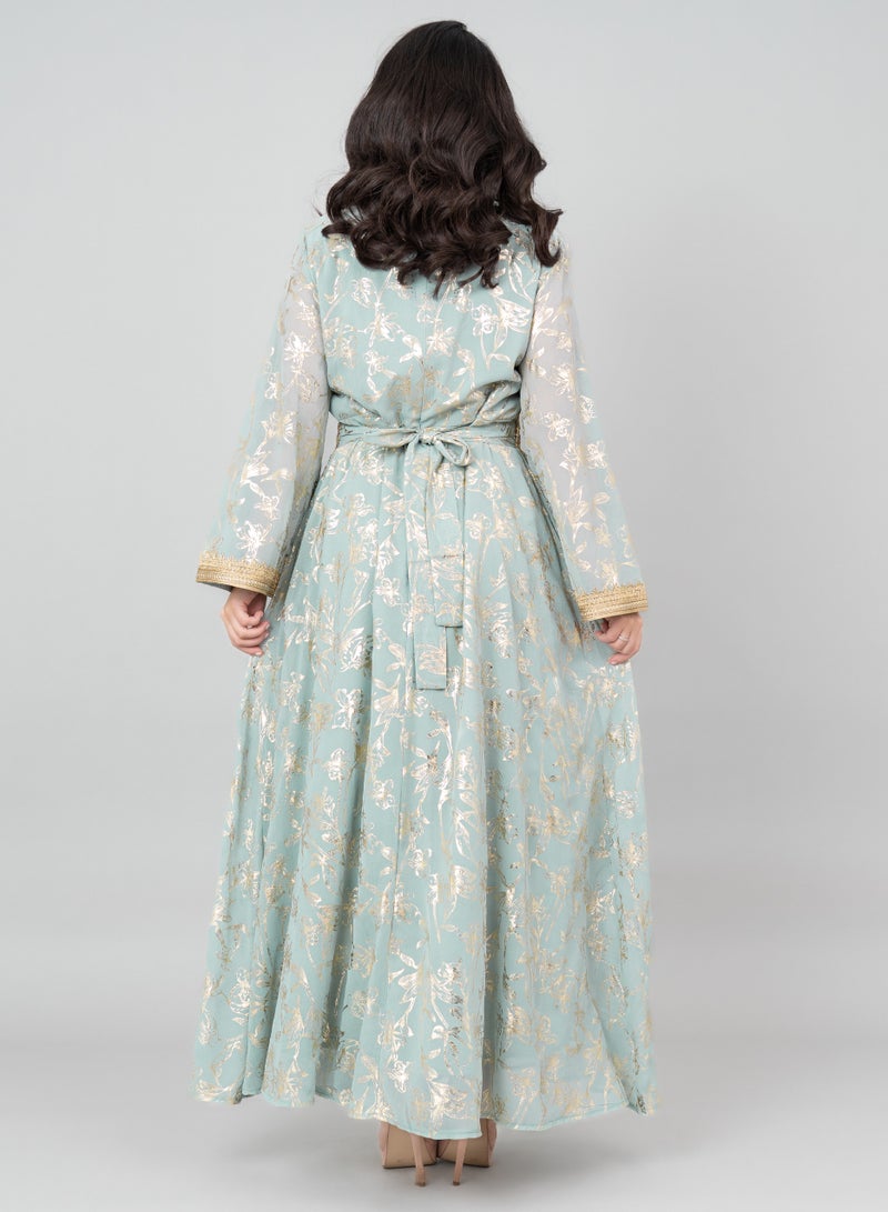 اكسا جلابية دانتيل مطبوعة عصرية تركواز - Image 2