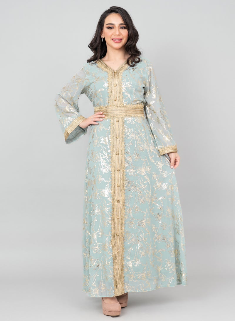 اكسا جلابية دانتيل مطبوعة عصرية تركواز - Image 1