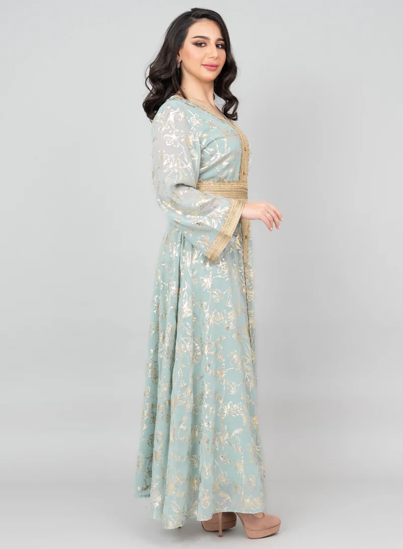 IKKXA Lace Printed Modern Jalabiya IK2024 Turquoise
