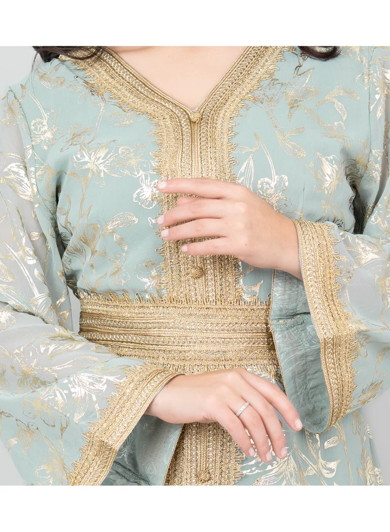 IKKXA Lace Printed Modern Jalabiya IK2024 Turquoise