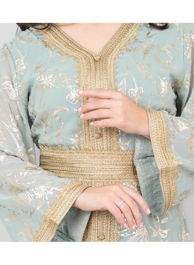 اكسا جلابية دانتيل مطبوعة عصرية تركواز - Image 4