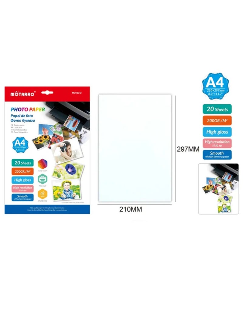 MOTARRO A4 Photo Paper 200 GSM – High Glossy, Waterproof, Quick Dry, Inkjet Printer Compatible (MU102-2) - Image 1