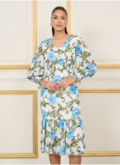 Styli Floral Print Smocked Detail Bodycon Midi Dress  - Image 2