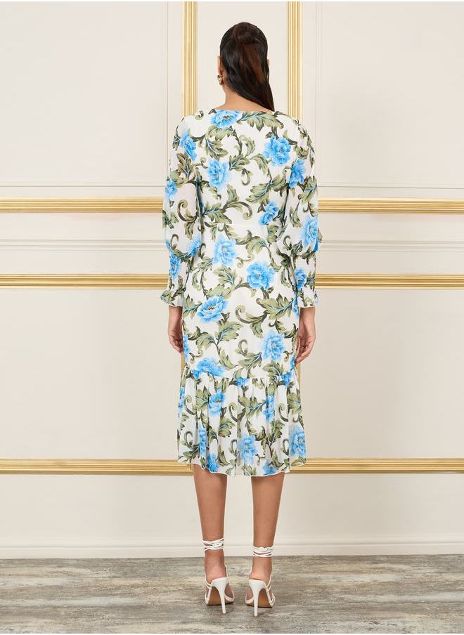 Styli Floral Print Smocked Detail Bodycon Midi Dress  - Image 4