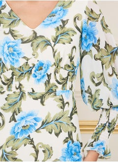 Styli Floral Print Smocked Detail Bodycon Midi Dress  - Image 3