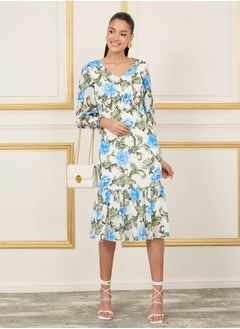 Styli Floral Print Smocked Detail Bodycon Midi Dress  - Image 1