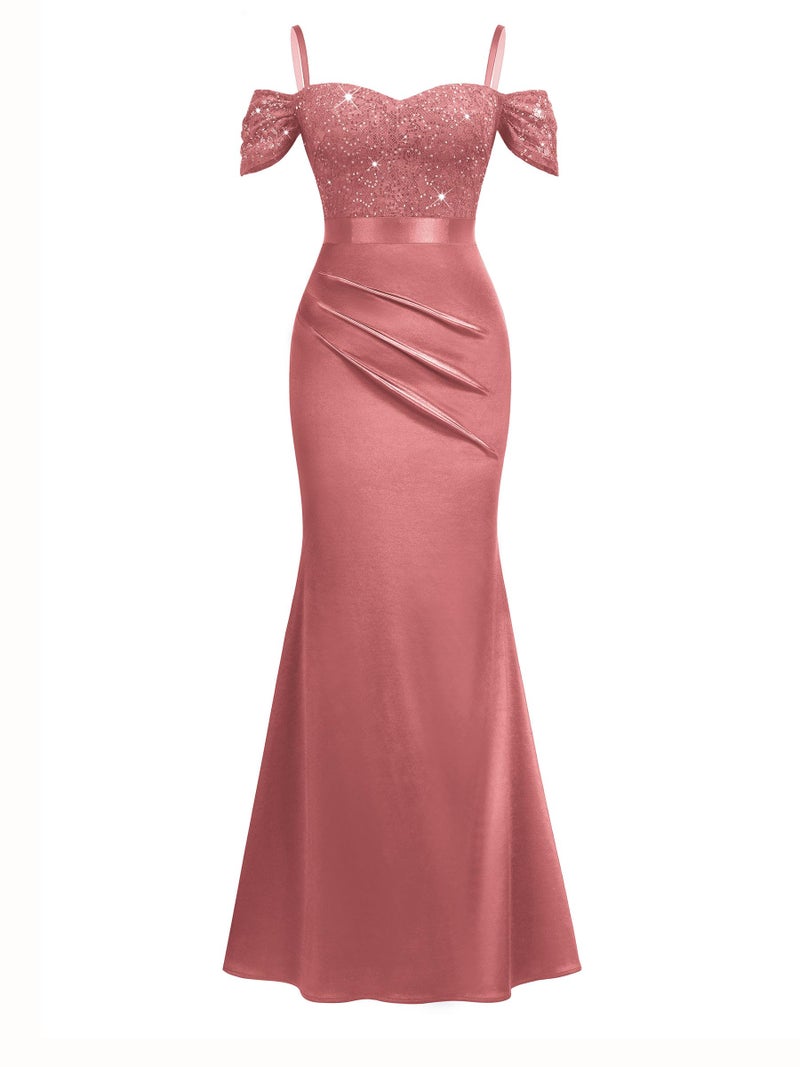 Miusol Women's Elegant Sequin Lace Spaghetti Straps Formal Satin Maxi Dress (X-Large, Cinnamon Pink) - Image 4