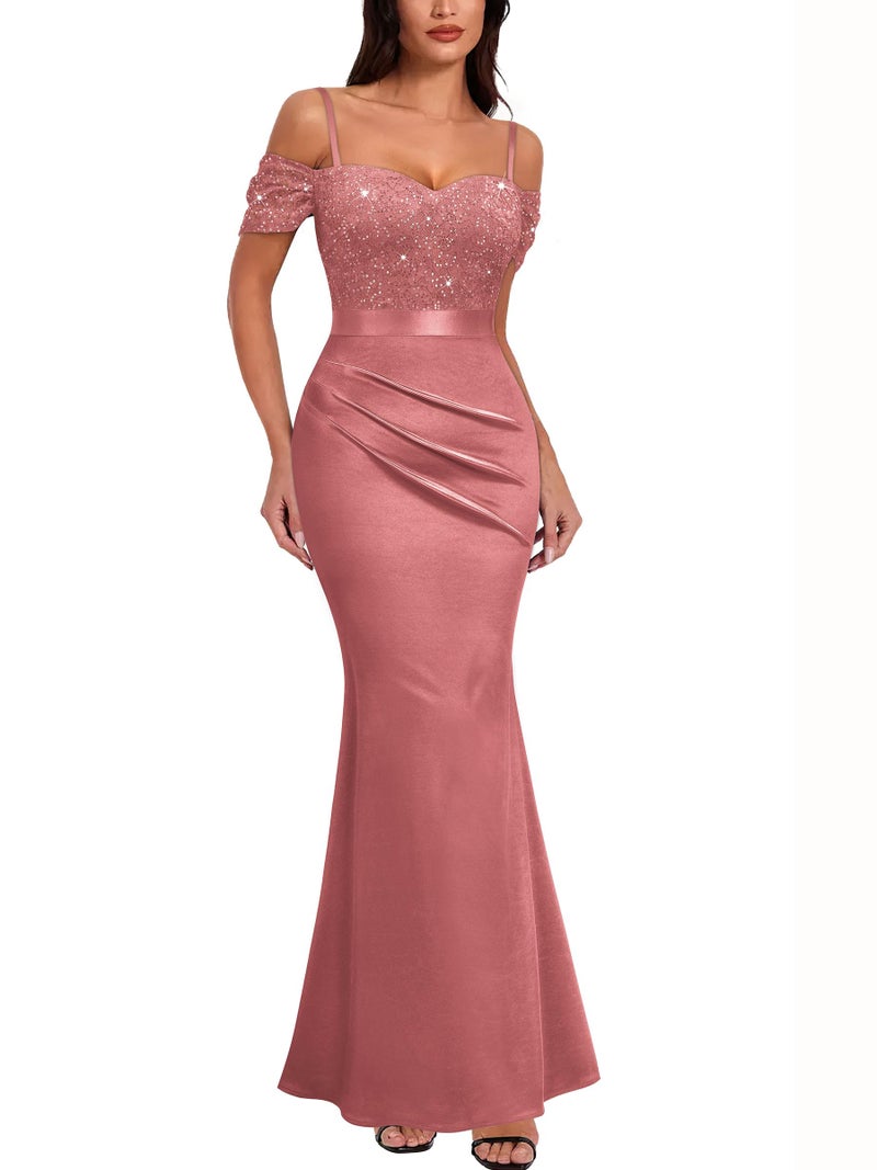 Miusol Women's Elegant Sequin Lace Spaghetti Straps Formal Satin Maxi Dress (X-Large, Cinnamon Pink) - Image 1