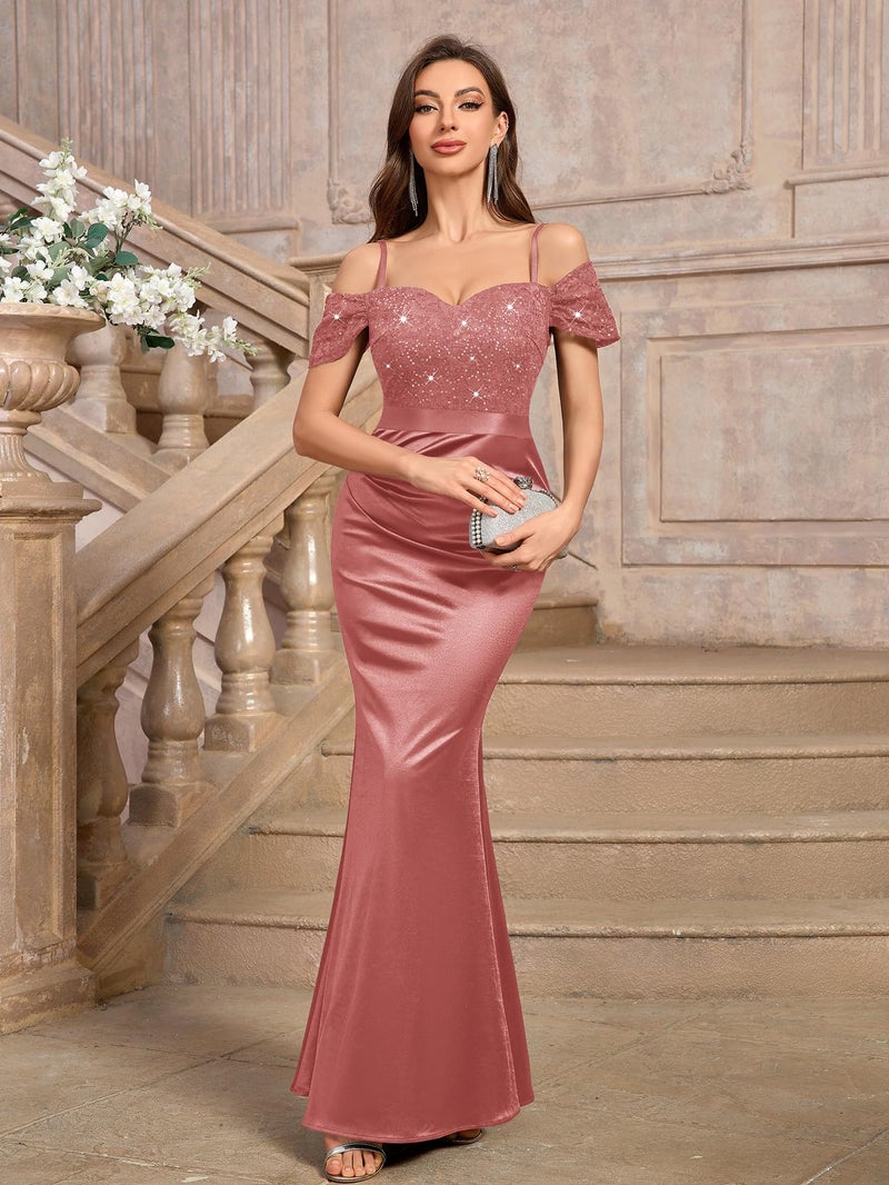 Miusol Women's Elegant Sequin Lace Spaghetti Straps Formal Satin Maxi Dress (X-Large, Cinnamon Pink) - Image 5
