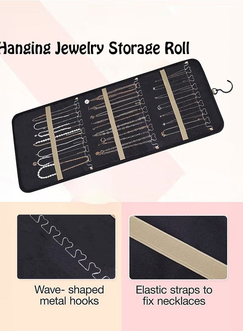 Hanging Jewelry Storage Roll with Metal Hooks, Double-Sided Jewelry Holder ，Jewelry Box， Jewellery Box，The organizer of necklaces, earrings and rings ,Hanging on Closet, Wall, Door, 1 piece, Large, Black - Image 4