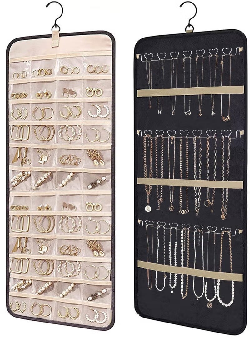 Hanging Jewelry Storage Roll with Metal Hooks, Double-Sided Jewelry Holder ，Jewelry Box， Jewellery Box，The organizer of necklaces, earrings and rings ,Hanging on Closet, Wall, Door, 1 piece, Large, Black - Image 1