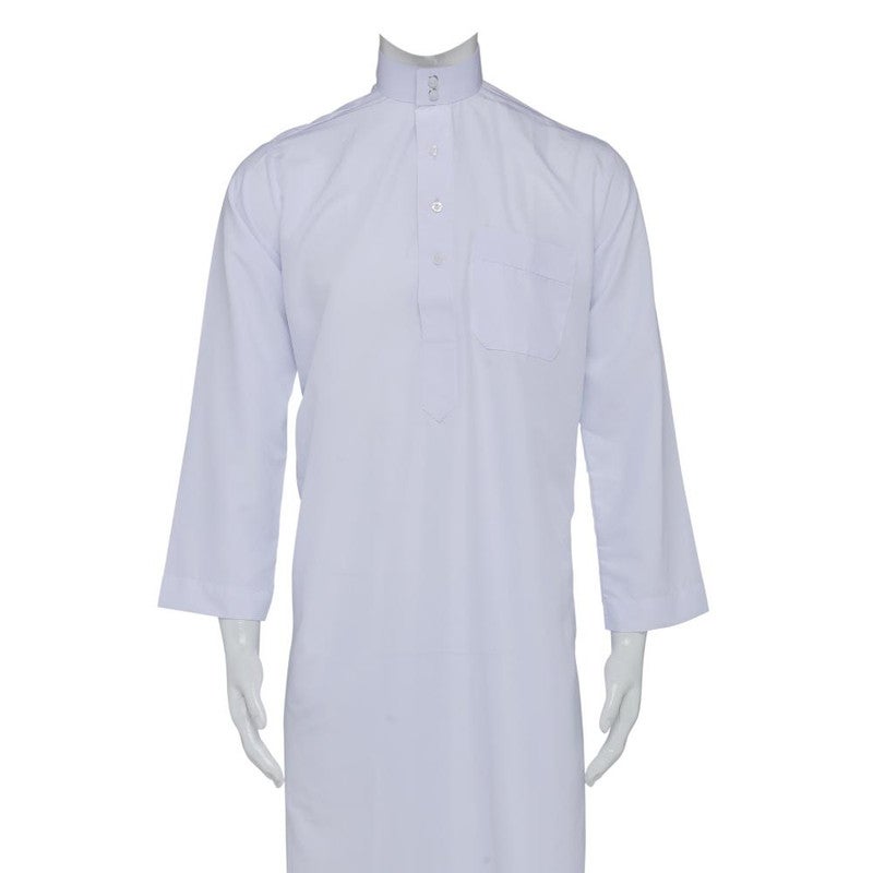 AL YARMOOK Classic Men's White Qatari Kandoora | Traditional Arab Thobe with a Stand-Up Collar & Pockets | Comfortable & Easy-Care Polyester - Image 3