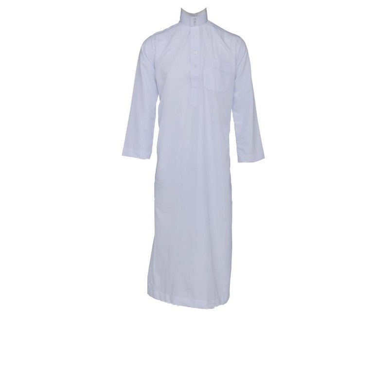 AL YARMOOK Classic Men's White Qatari Kandoora | Traditional Arab Thobe with a Stand-Up Collar & Pockets | Comfortable & Easy-Care Polyester - Image 1