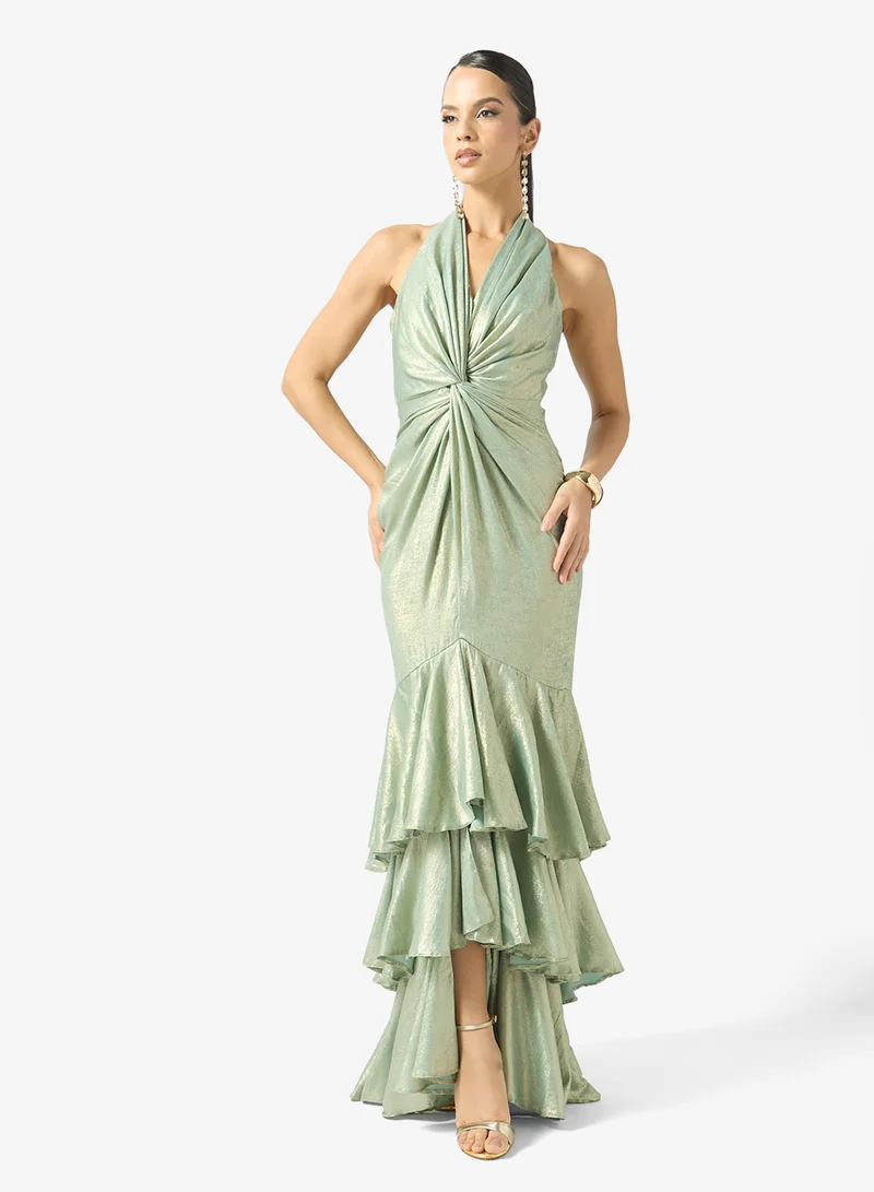 Shimmer Halter Ruffled Gown