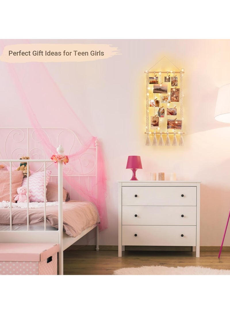 Antikiano Macrame Hanging Photo Display Boho Picture Frames Collage Wall Decor for Picture String with Clips Photo Hanger with Lights Artwork for Living Room Bedroom Dorm Teen Girl Christmas Gift - Image 2