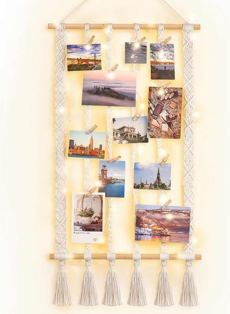Antikiano Macrame Hanging Photo Display Boho Picture Frames Collage Wall Decor for Picture String with Clips Photo Hanger with Lights Artwork for Living Room Bedroom Dorm Teen Girl Christmas Gift - Image 1