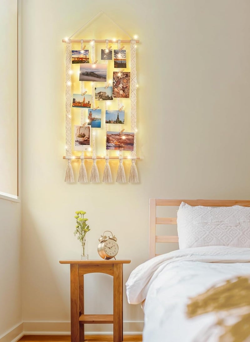 Antikiano Macrame Hanging Photo Display Boho Picture Frames Collage Wall Decor for Picture String with Clips Photo Hanger with Lights Artwork for Living Room Bedroom Dorm Teen Girl Christmas Gift - Image 3