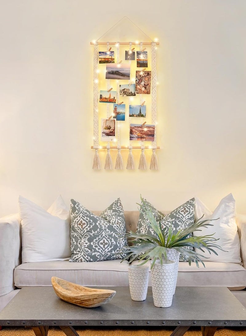 Antikiano Macrame Hanging Photo Display Boho Picture Frames Collage Wall Decor for Picture String with Clips Photo Hanger with Lights Artwork for Living Room Bedroom Dorm Teen Girl Christmas Gift - Image 4