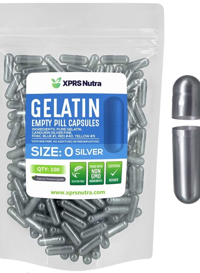 XPRS Nutra Size 0 Empty Capsules - 100 Count Empty Gelatin Capsules - Empty Pill Capsules - DIY Capsule Filling - Pure Bovine Pill Capsules Empty Gel Caps (Silver) - Image 1