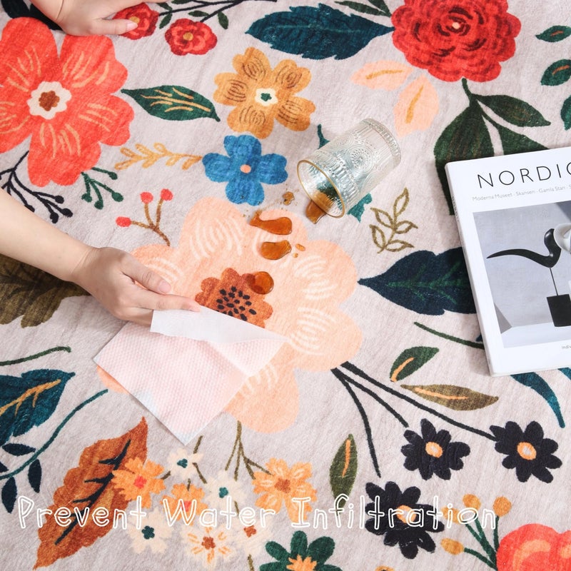 Rugcomf Round Rug 4ft Washable Circle Rug Non Slip Low Pile Boho Floral Small Circular Rug for Bedroom, Bathroom, Entryway, Kids Room, Office, College Dorm(Beige) - Image 2
