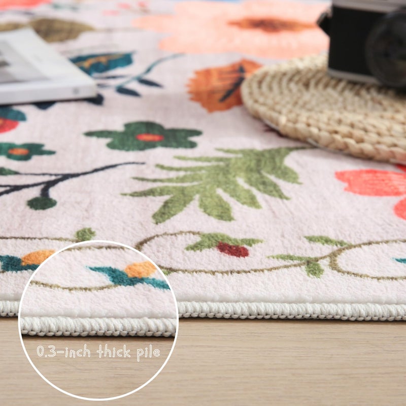 Rugcomf Round Rug 4ft Washable Circle Rug Non Slip Low Pile Boho Floral Small Circular Rug for Bedroom, Bathroom, Entryway, Kids Room, Office, College Dorm(Beige) - Image 4