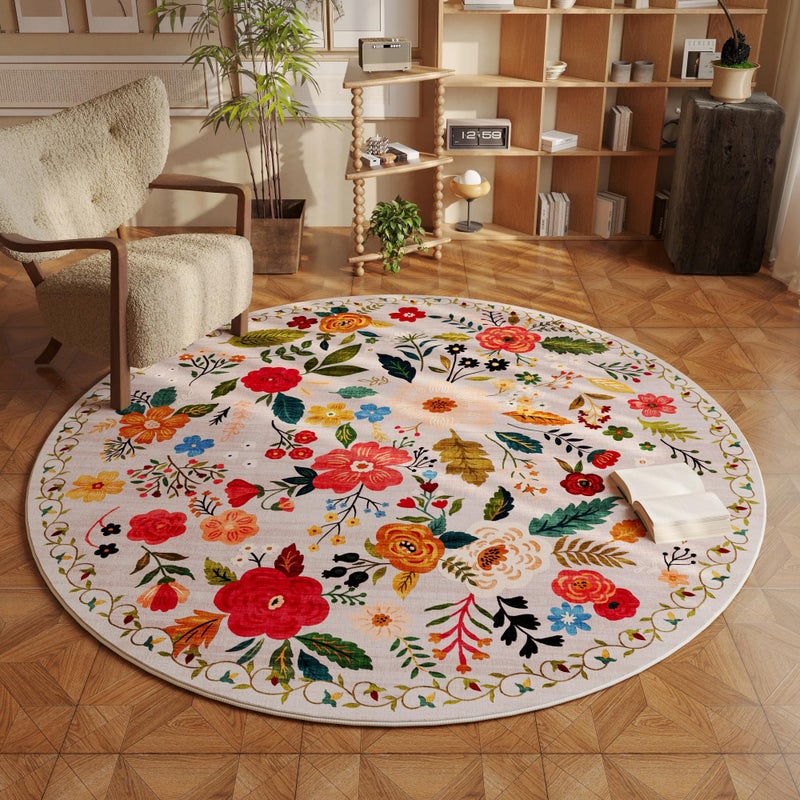 Rugcomf Round Rug 4ft Washable Circle Rug Non Slip Low Pile Boho Floral Small Circular Rug for Bedroom, Bathroom, Entryway, Kids Room, Office, College Dorm(Beige) - Image 1