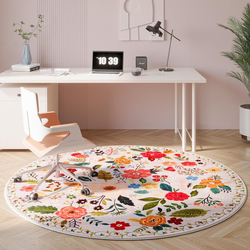 Rugcomf Round Rug 4ft Washable Circle Rug Non Slip Low Pile Boho Floral Small Circular Rug for Bedroom, Bathroom, Entryway, Kids Room, Office, College Dorm(Beige) - Image 5