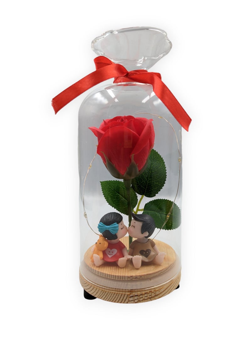 UNT Rose in Glass Dome with Miniature Couple and LED lights - Image 1