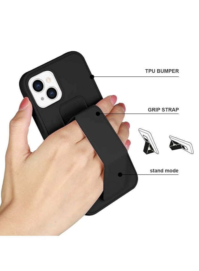 BM iPhone 13 Case With Hand Grip Foldable Magnetic Kickstand Wrist Strap Finger Grip Cover 6.1 Inch black - Image 3