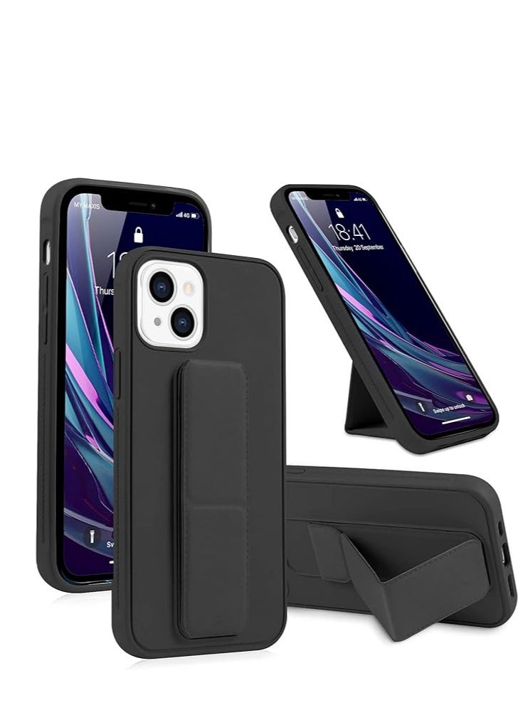 BM iPhone 13 Case With Hand Grip Foldable Magnetic Kickstand Wrist Strap Finger Grip Cover 6.1 Inch black - Image 1