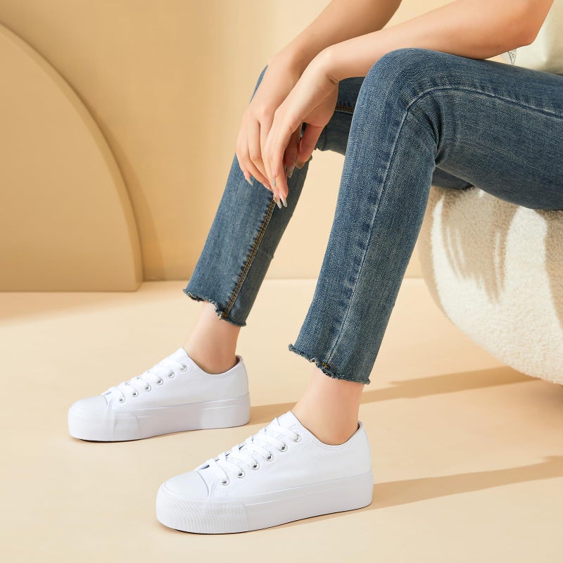 hash bubbie Platform Sneakers for Women White Platform Shoes Low Top Tennis Shoes Non Slip Black Fashion Canvas Sneakers(White Mono.US8) - Image 3