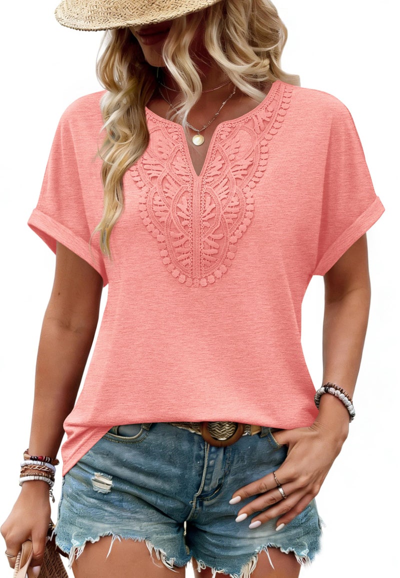 Sipaya Spring Tops for Women Trendy 2026 V Neck T Shirts Dressy Casual Boho Blouses Summer Clothes Lightweight Tunic for Leggings Coral L - Image 3