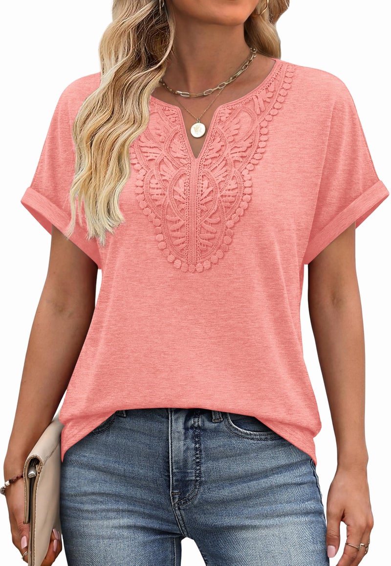 Sipaya Spring Tops for Women Trendy 2026 V Neck T Shirts Dressy Casual Boho Blouses Summer Clothes Lightweight Tunic for Leggings Coral L - Image 1
