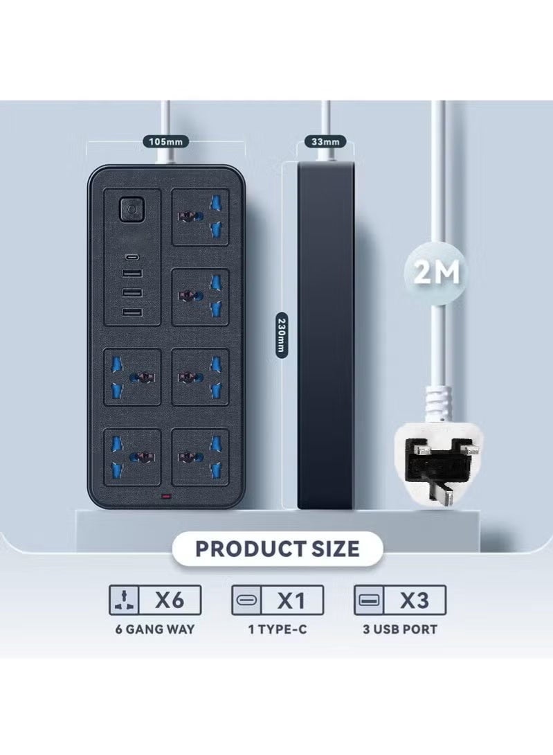 جي كيه سلك تمديد عالمي بطول 2 متر مع مقبس متعدد الوظائف من المملكة المتحدة بثلاثة دبابيس مع 6 منافذ USB ومنفذ واحد من النوع C ومقبس كهربائي بطول 2 متر وشريط طاقة رئيسي للمنزل والمطبخ والمكتب بطول 2 متر - Image 5