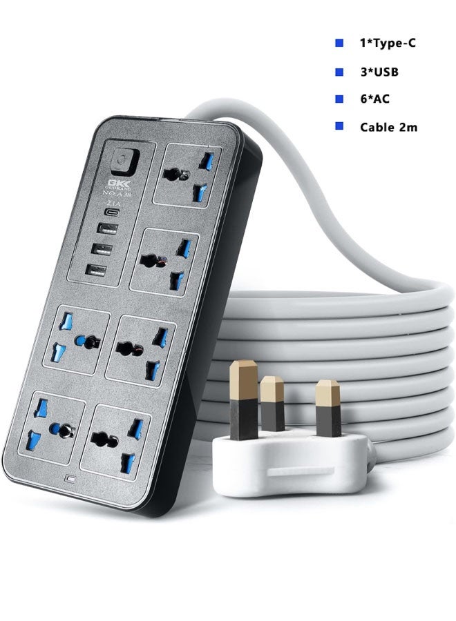 2 meters Universal Extension Lead with Multiple Function UK Plug 3 Pin Socket Outlet with 6 Gang 3 USB Port 1 Type-C Port 2M Electric Socket Mains Strip for Home Kitchen and Office 2 meters