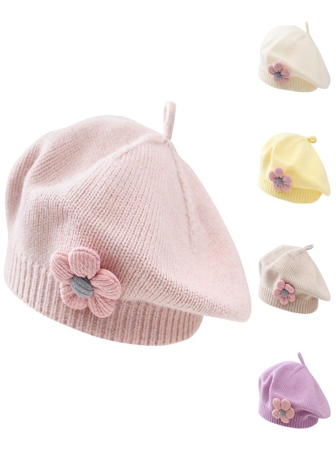 Kunyeah Little Girls Beret Hat Winter Warm Beanie Cap Toddler French Style Knit Hat Baby Cute Flower Berets (Pink) - Image 1