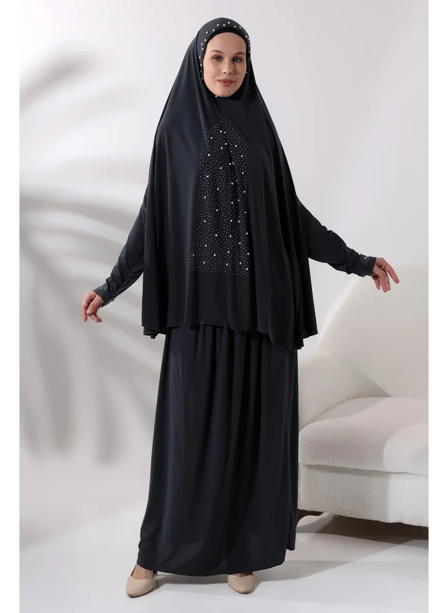 İhvan Ihvan Two Piece Prayer Dress with Pearls and Stones, Top and Bottom Practical Dress 8017 Anthracite