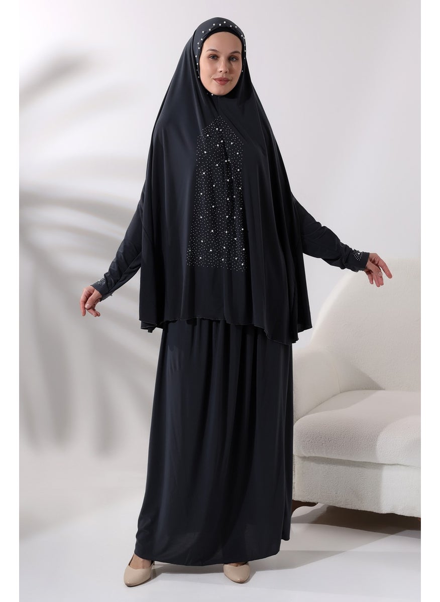 İhvan Ihvan Two Piece Prayer Dress with Pearls and Stones, Top and Bottom Practical Dress 8017 Anthracite  - Image 1