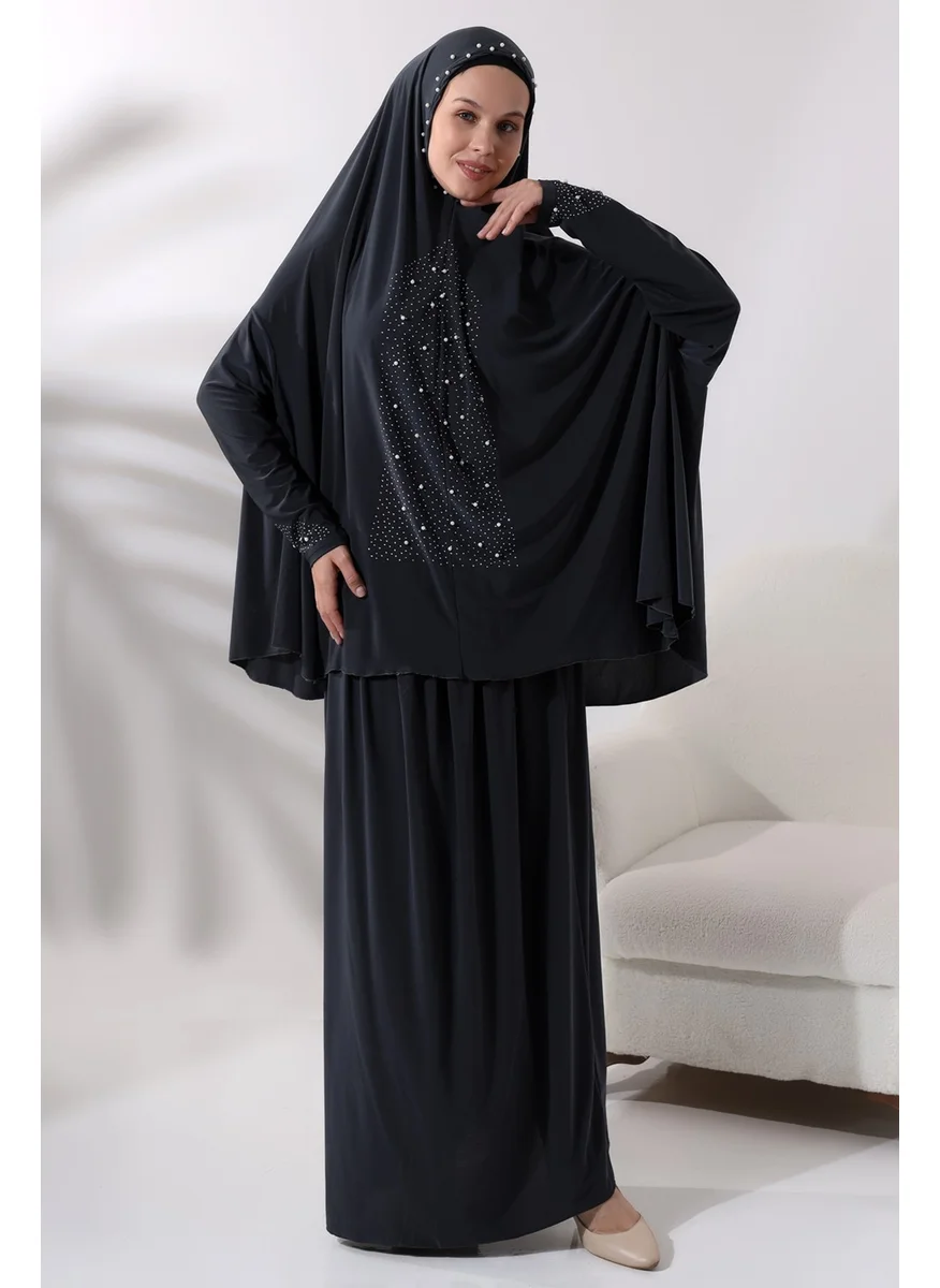 İhvan Ihvan Two Piece Prayer Dress with Pearls and Stones, Top and Bottom Practical Dress 8017 Anthracite