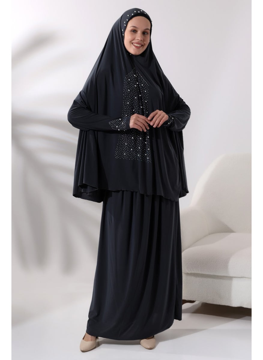 İhvan Ihvan Two Piece Prayer Dress with Pearls and Stones, Top and Bottom Practical Dress 8017 Anthracite  - Image 2