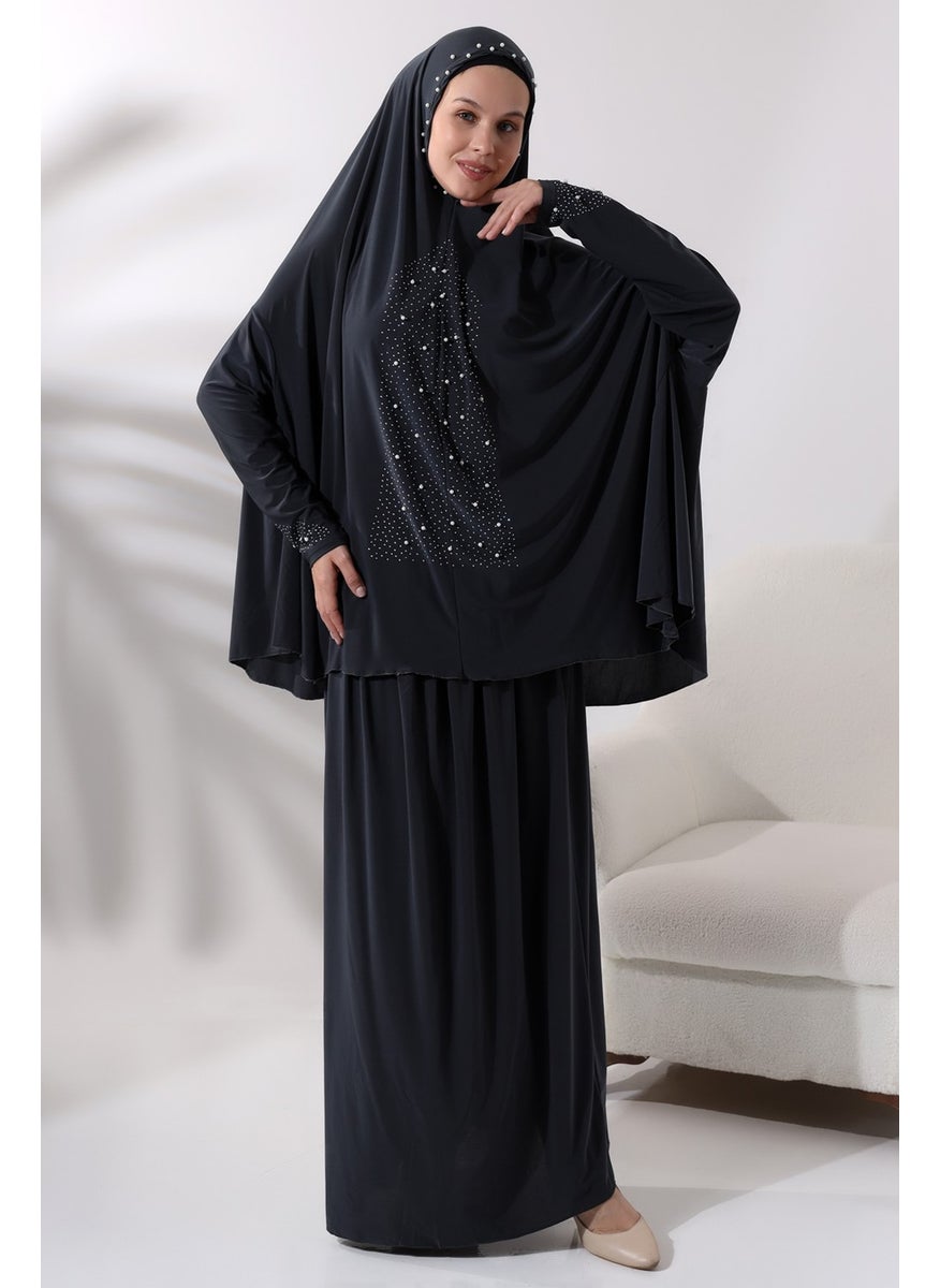 İhvan Ihvan Two Piece Prayer Dress with Pearls and Stones, Top and Bottom Practical Dress 8017 Anthracite  - Image 3