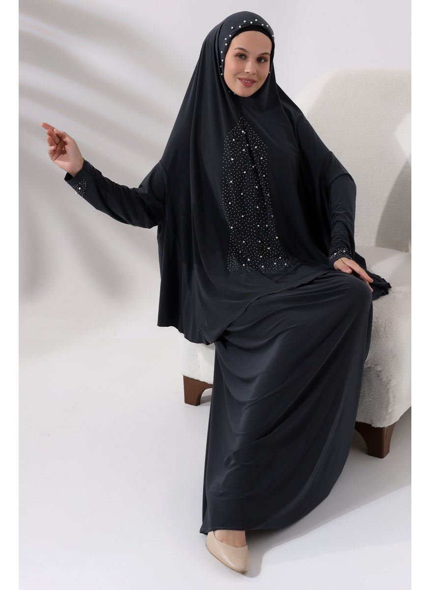 İhvan Ihvan Two Piece Prayer Dress with Pearls and Stones, Top and Bottom Practical Dress 8017 Anthracite  - Image 5