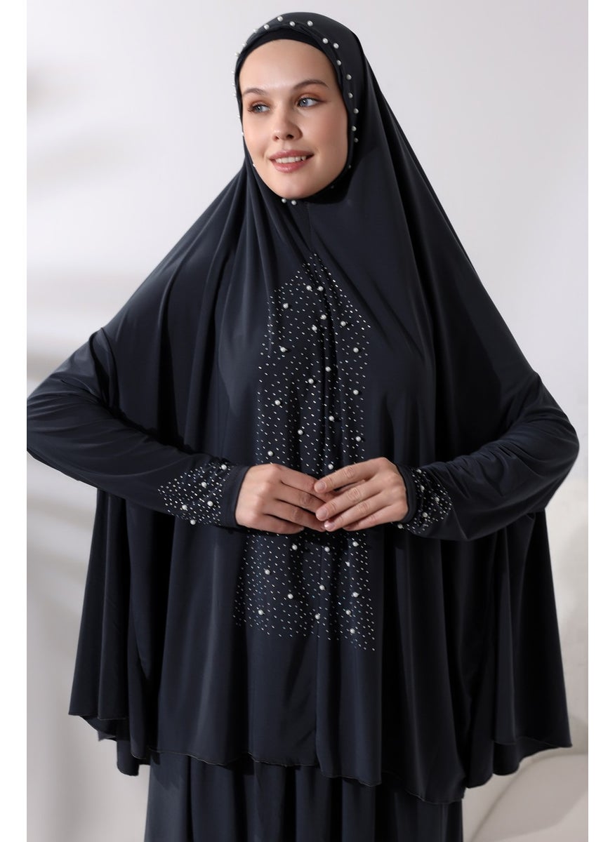 İhvan Ihvan Two Piece Prayer Dress with Pearls and Stones, Top and Bottom Practical Dress 8017 Anthracite  - Image 4