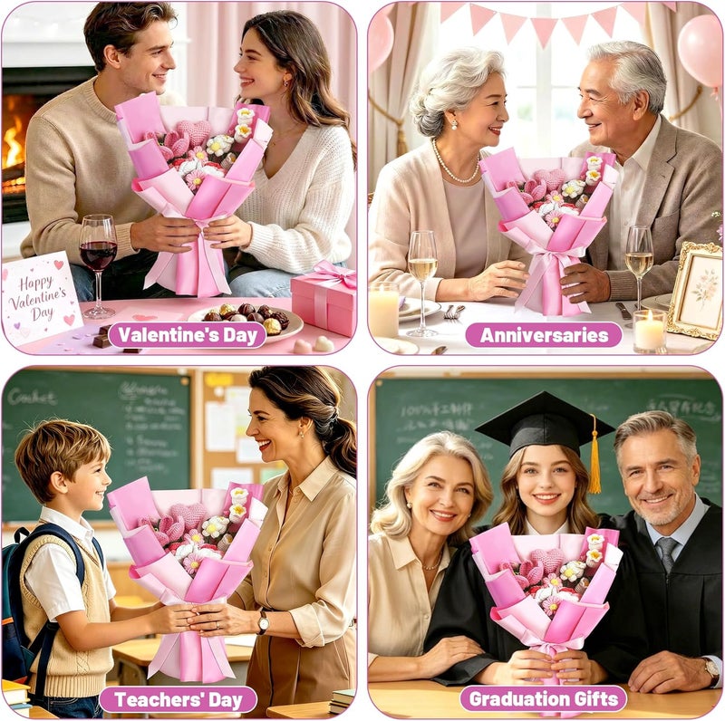تورونتو طوكيو باقة زهور كروشيه، زهور وردية محبوكة يدويًا، باقة زهور ورد صناعية محشوة كهدايا لعيد ميلاد الحبيب، عيد الأم، الذكرى السنوية، هدايا التخرج (تشمل حقيبة هدية وبطاقة) - Image 4