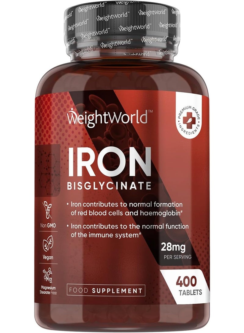 WeightWorld Iron Supplements for Women & Men - 28mg - 400 Tablets (6+ Months Supply) - Highly Bioavailable Ferrous Bisglycinate Form - Non-GMO & Vegan Iron Tablets High Strength - Gentle Formulation - Image 1