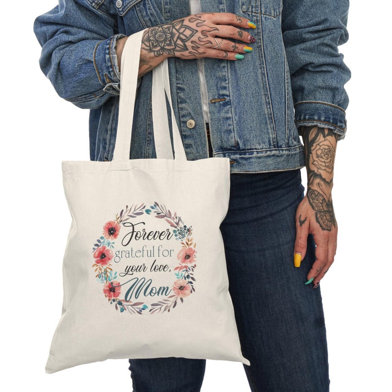 Tote Bag – Canvas Zipper Bag - "Always Grateful for Your Love Mom" Design - Warm Floral Wreath Design - Cotton Shoulder Bag for Mom - Fashion and Unique Gift for Mom Mother's Day Gift - Image 2