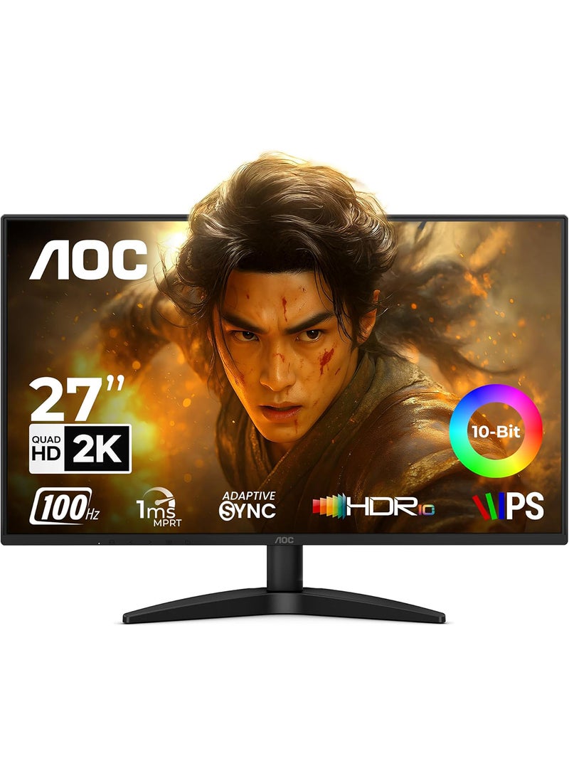 AOC Q27B36 27" QHD (2560x1440) IPS Gaming Monitor, 100Hz, 1ms MPRT, HDR10, Adaptive Sync, Flicker-Free, Low Blue Light, Frameless Design, HDMI & DisplayPort, Tilt Adjustable, VESA Mount Black - Image 1