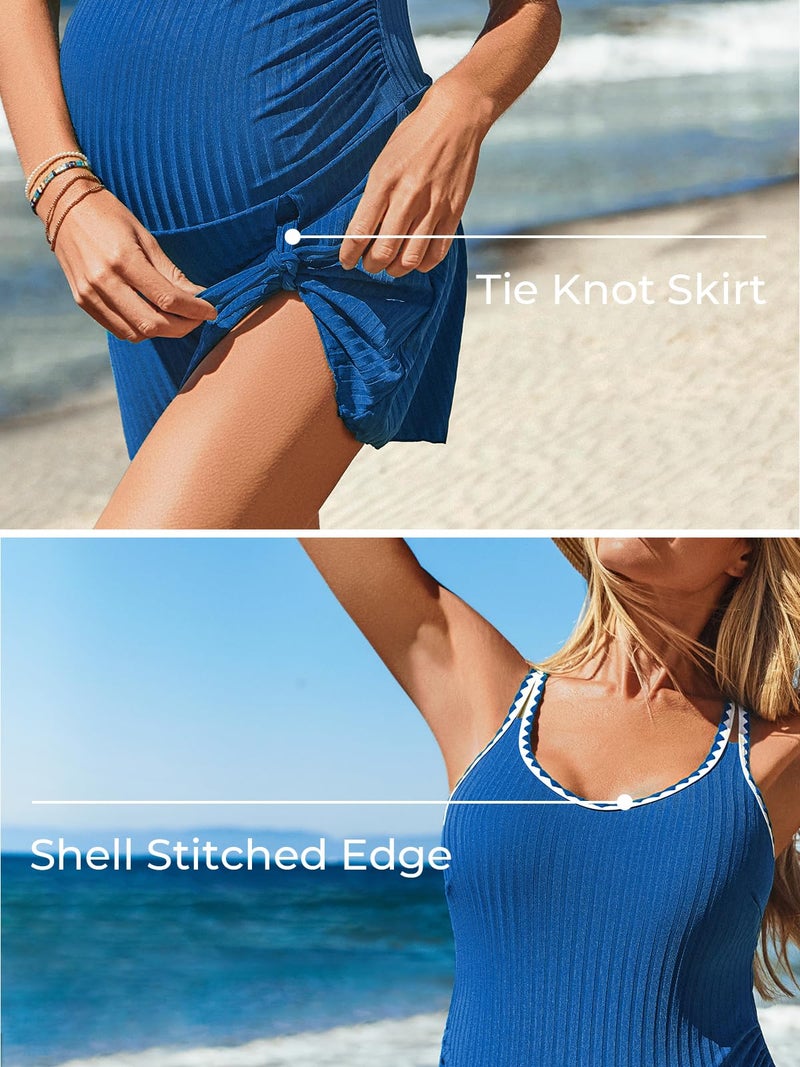 Summer Mae Ribbed Maternity One Piece Swim Dress Pregnancy Swimsuit with Built-in Bottom Swimwear Tie Knot Skirt Bathing Suit Sky-Blue 14 - Image 5