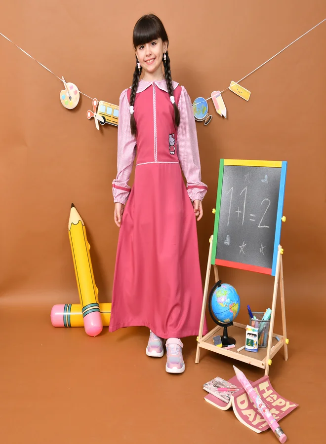 HAWRAA ABAYA Pink apron: with hidden front zipper and cartoon character embroidery